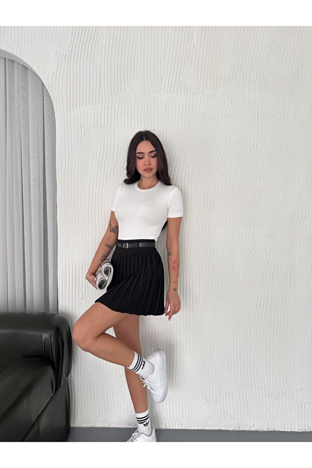 Women's Belted Leggings Pleated Mini Skirt