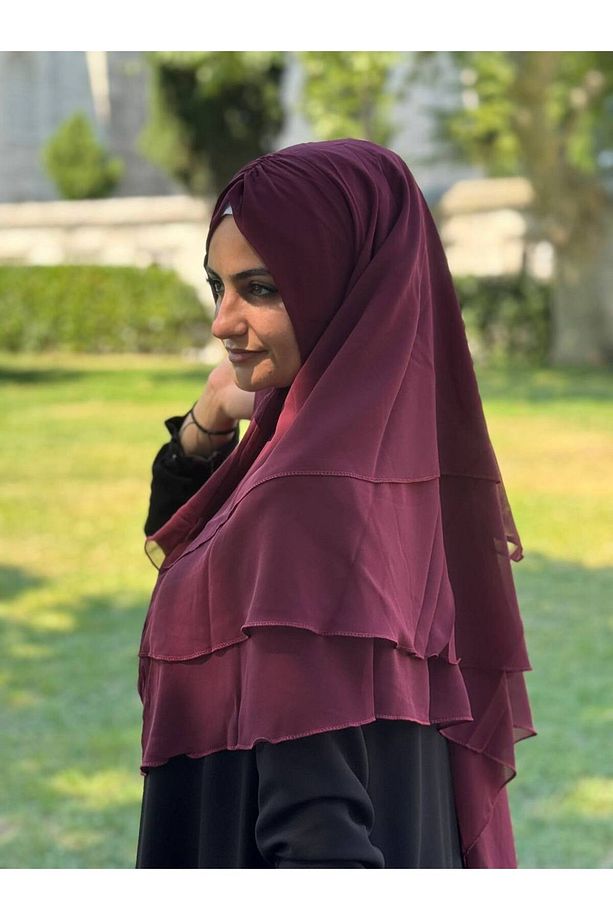 Hazır Bağlama Üç Katlı Şifon Hac Umre Şalı Sufle Khimar Hijab - 4