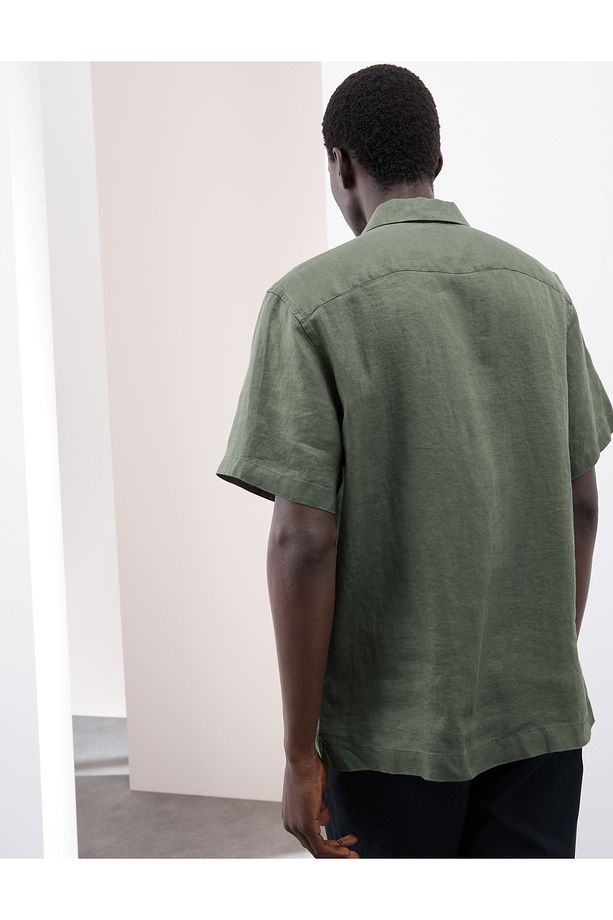 Saf Keten Herringbone Cuban Kısa Kollu Gömlek - 3