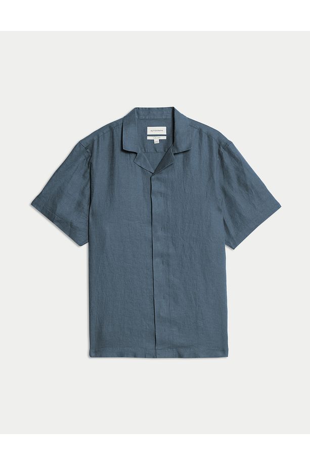 Saf Keten Herringbone Cuban Kısa Kollu Gömlek - 5
