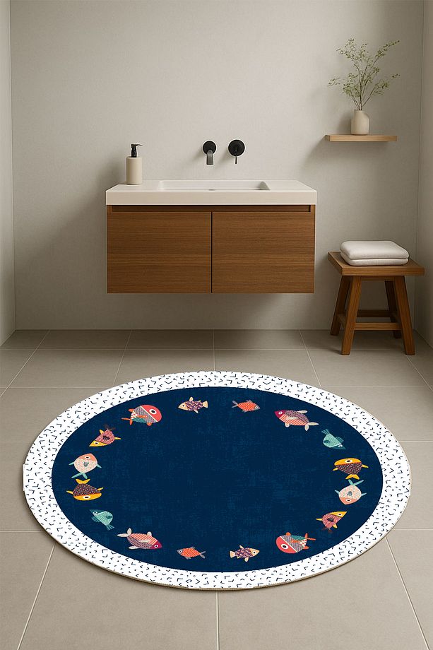 BALIK DESENLİ YUVARLAK BANYO PASPASI TAKIMI BANYO TAKIMI LAVABO PASPASI 80x80 - 2