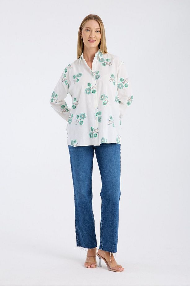 Çiçek Nakışlı Kumaş Oversize Salaş Gömlek - 3