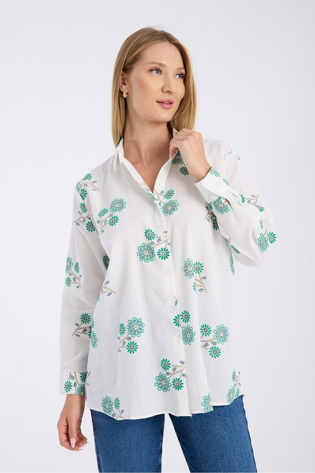 Çiçek Nakışlı Kumaş Oversize Salaş Gömlek - 8