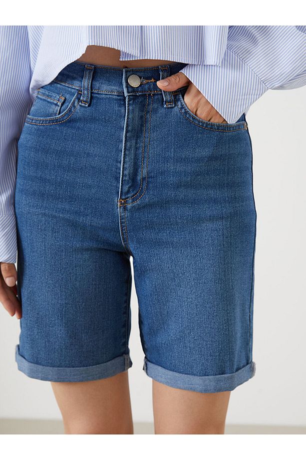 Jeans Indigo Bermuda Fit Kadın Jean Şort - 3