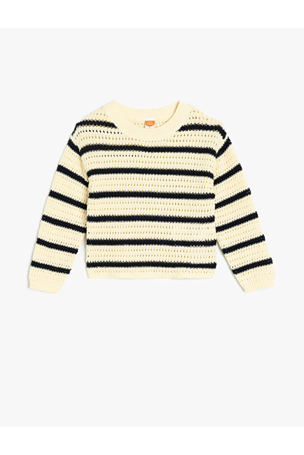 Cotton Crew Neck Long Sleeve Openwork Crop Knitwear Sweater