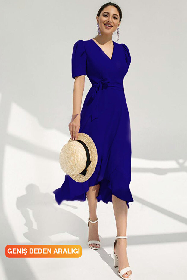 Valonlu Kuşaklı Midi Kısa Kol Elbise - 1