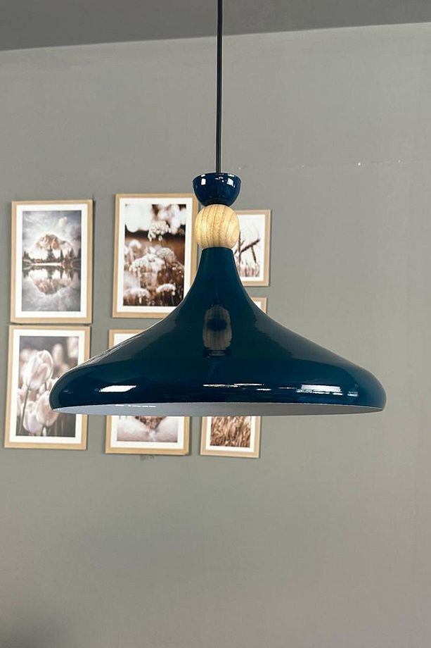 Gece Mavisi Ahşap Şapka Tekli Avize Sarkıt Salon Mutfak Cafe Butik Lamba Aydınlatma Avizeler - 1
