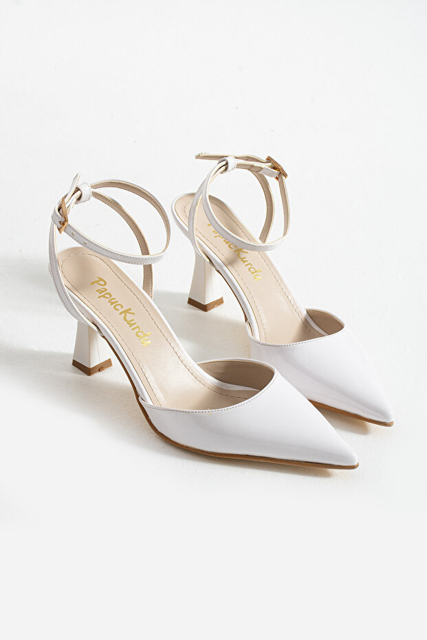 White Patent Leather Ankle Strap Evening Dress Heeled Shoes