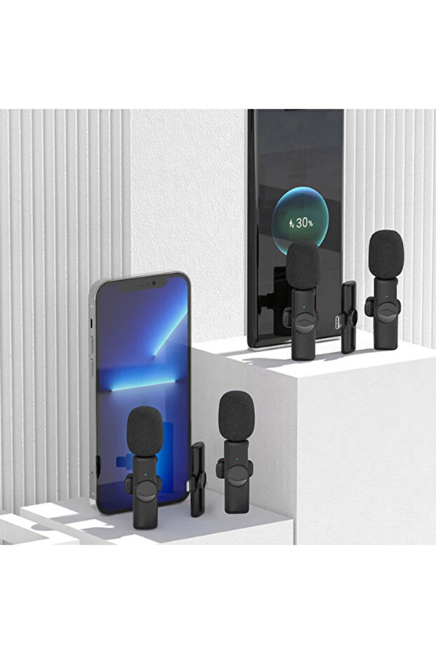 2 In 1 Iphone, Type- C Uyumlu İkili Şarjlı Kablosuz Yaka Mikrofonu Lightning Yayıncı Yaka Mikrofonu - 9