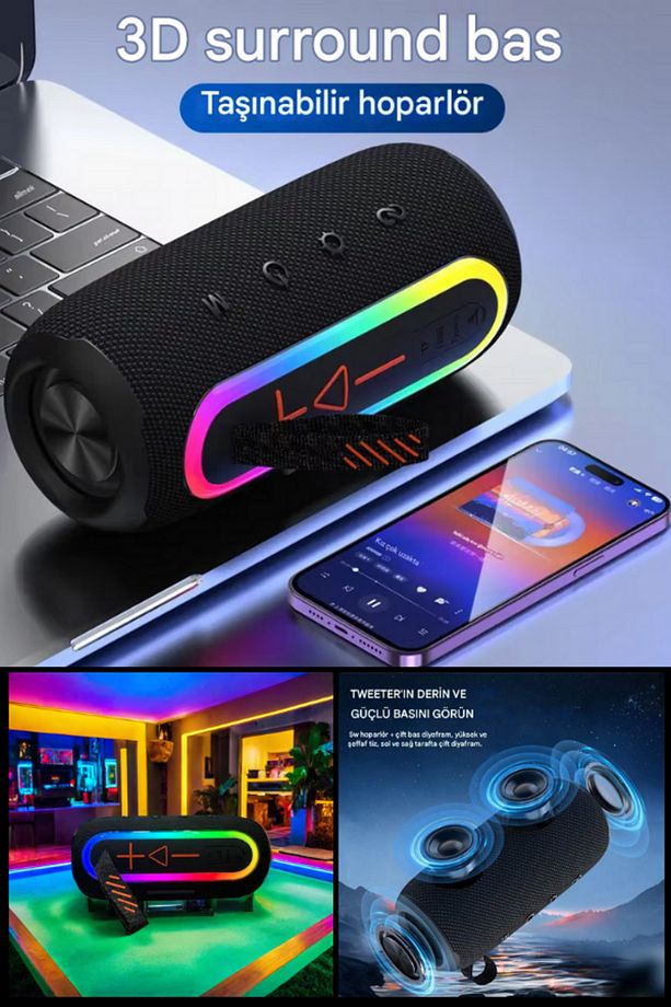 FLIP6 RGB Led Işıklı Dayanıklı Ses Bombası Usb Sd Aux Fm Radyo Kablosuz Bluetooth Hoparlör - 5