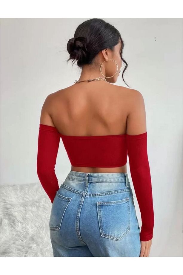 Kadın 3'lü Paket Fitilli Vücuda Yapışan STRAPLEZ KOLLU Crop Basıc bluz - 6