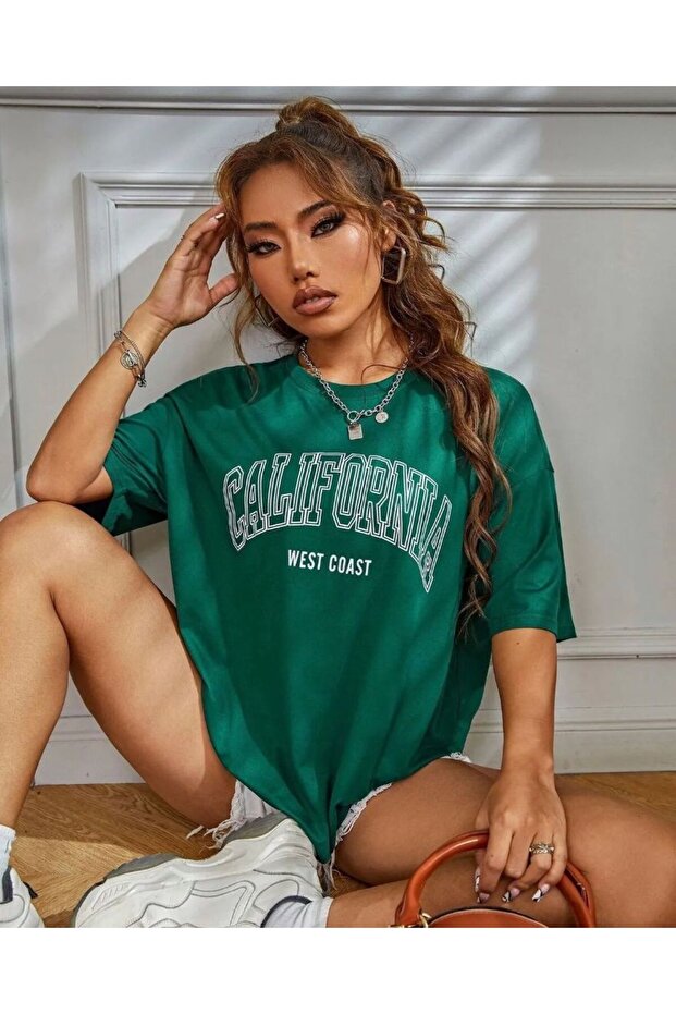 California West Coast Printed Nefti Green Oversize Cotton Tshirt Unisex