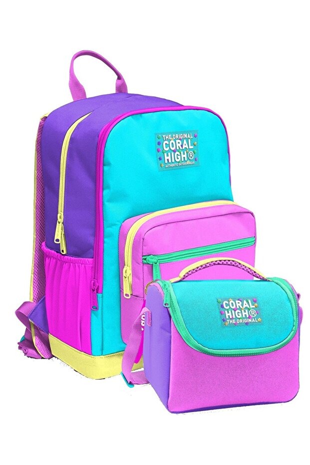 Elementary and Middle School Backpack and Nutrition Set - Purple Green Pink for Girls