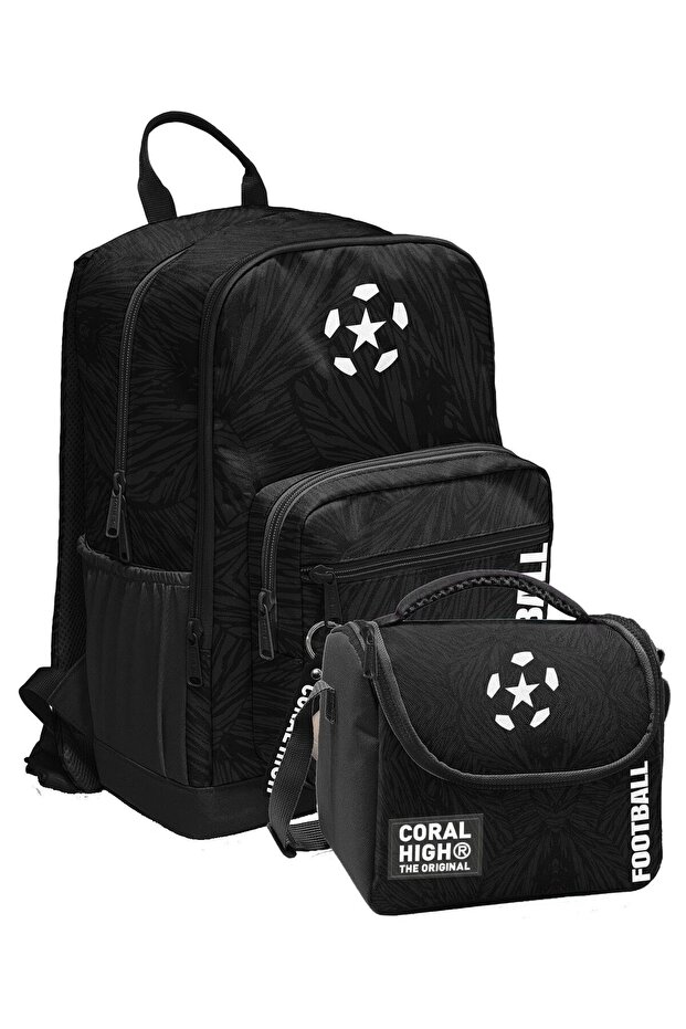 Primary and Secondary School Backpack and Nutrition Set - Black and White Futbo for Boys