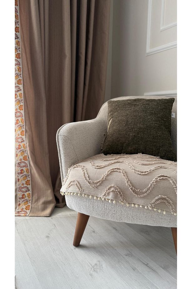 Oturma Yerini Kapatan Dalgalı Ponponlu Koltuk Örtüsü | Berjer Örtüsü 70x95 Cm Vizon - 2
