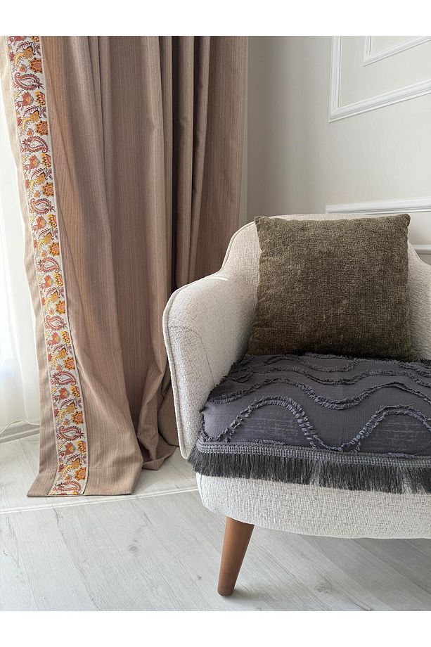 Oturma Yerini Kapatan Dalgalı Püsküllü Koltuk Örtüsü Pamuk | Berjer Örtüsü 70x95 Cm Antrasit - 5