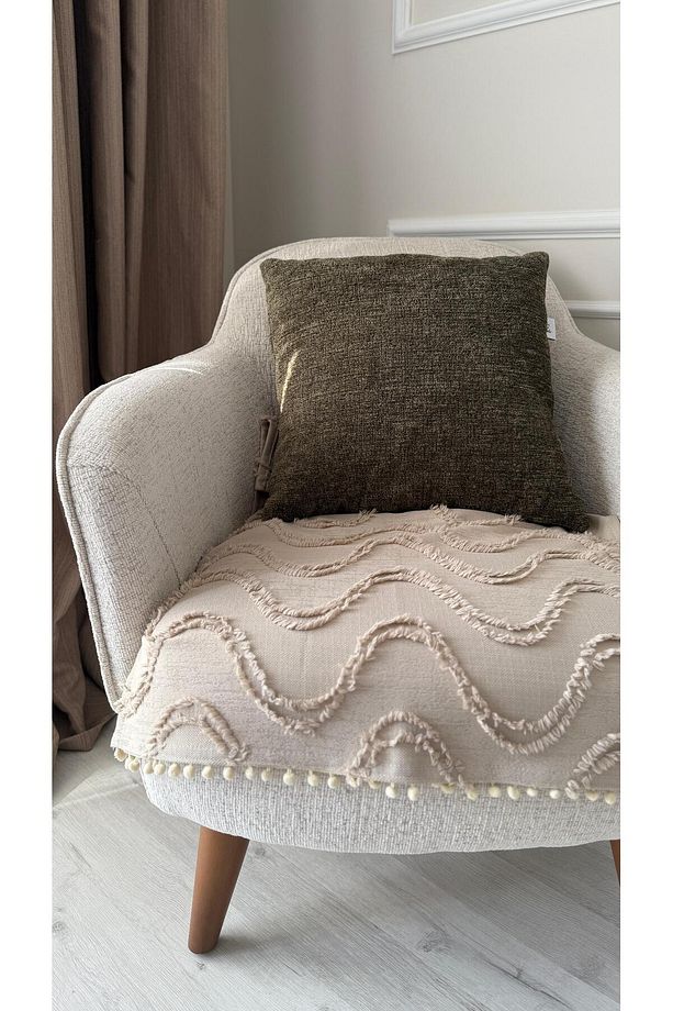 Oturma Yerini Kapatan Dalgalı Ponponlu Koltuk Örtüsü | Berjer Örtüsü 70x95 Cm Vizon - 5