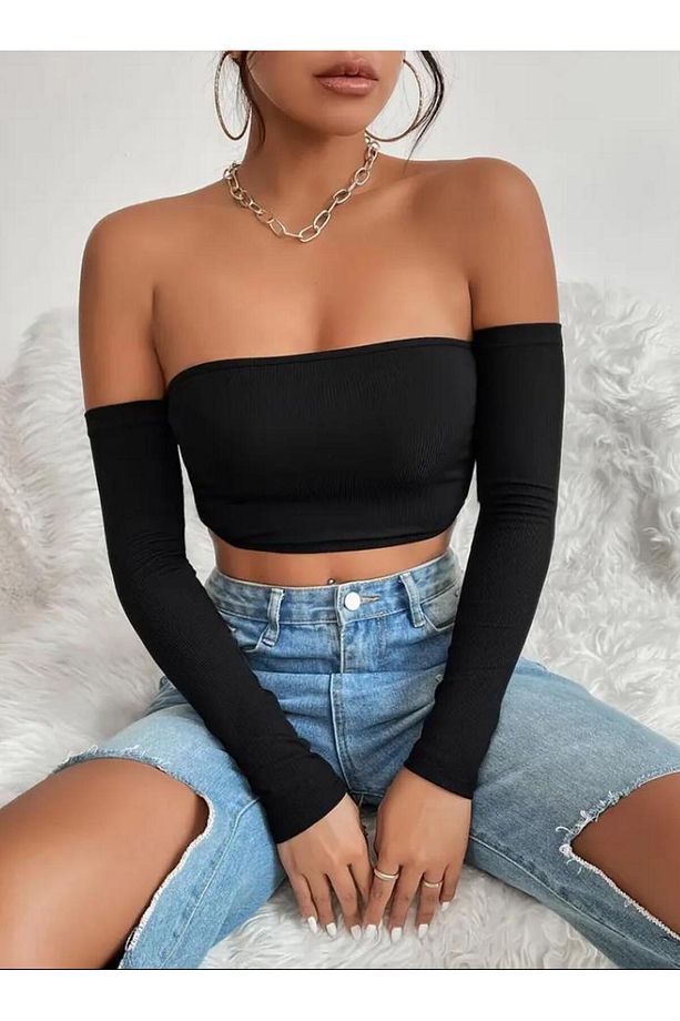 Kadın 3'lü Paket Fitilli Vücuda Yapışan STRAPLEZ KOLLU Crop Basıc bluz - 7