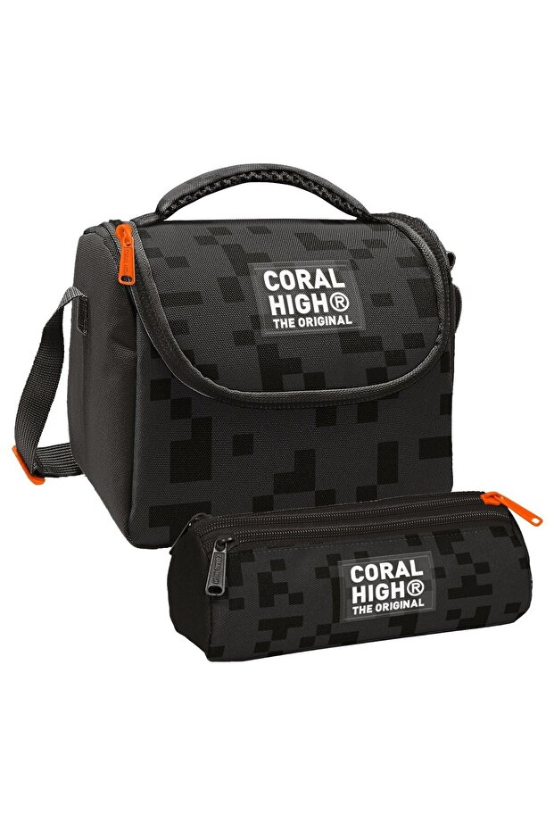 مجموعة حقيبة غداء حرارية منقوشة باللون الأسود للأولاد وحقيبة أقلام بثلاثة أقسام
