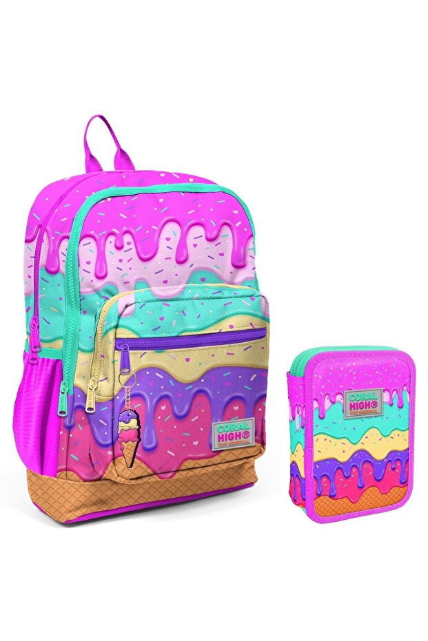 Pink Purple Ice Cream Girl's School Bag and Organizer Pen Holder Set