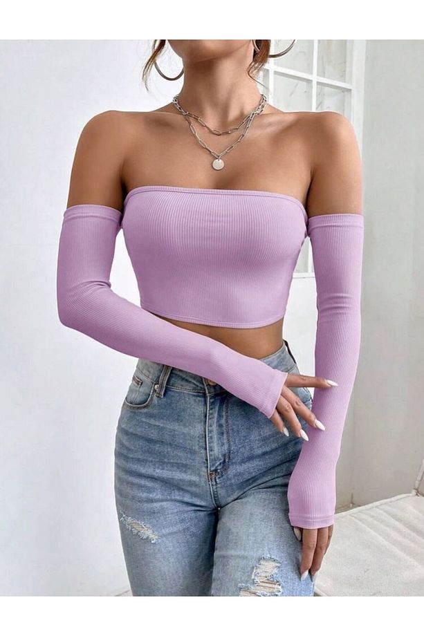 Kadın 3'lü Paket Fitilli Vücuda Yapışan STRAPLEZ KOLLU Crop Basıc bluz - 4