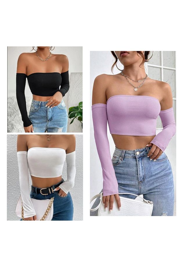 Kadın 3'lü Paket Fitilli Vücuda Yapışan STRAPLEZ KOLLU Crop Basıc bluz - 1