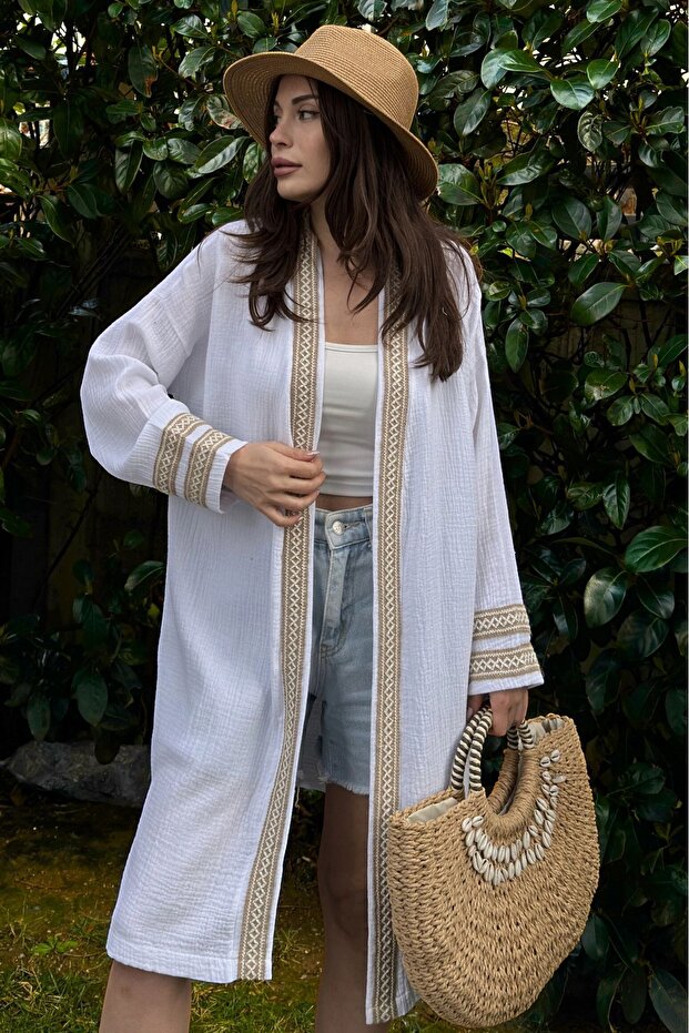 Women's Straw Detailed Oversized Muslin Kimono 700-3441