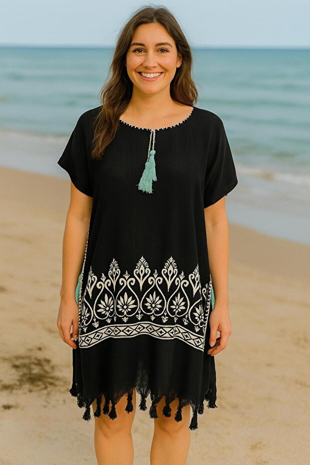 Black Patterned Tassel Pareo Beach Dress – Lightweight Beach Dress over Swimsuit