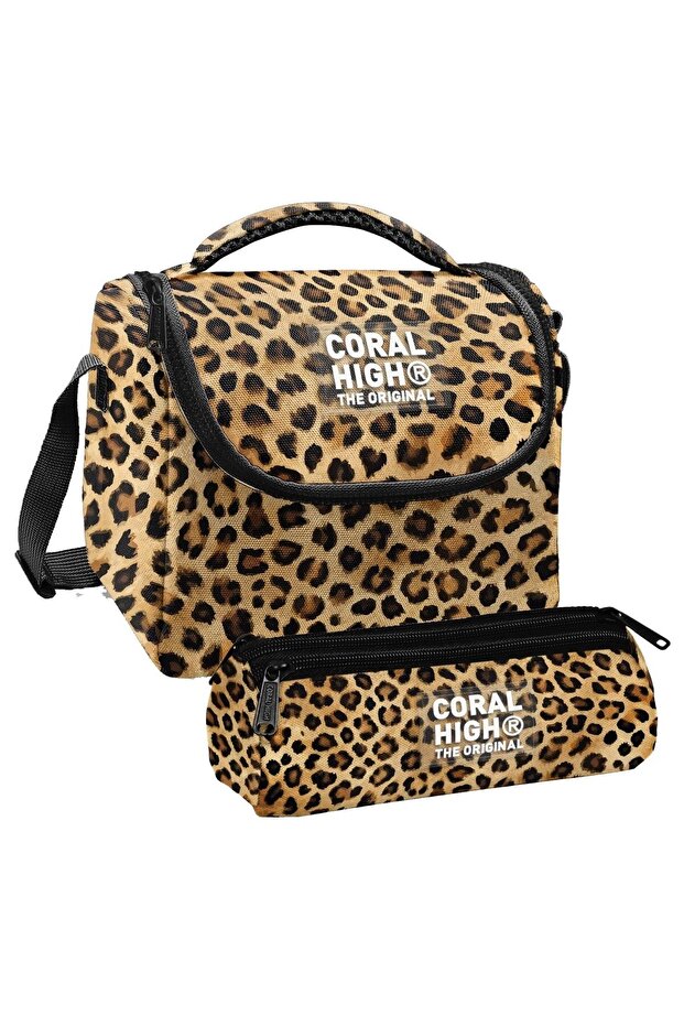 Girl's Brown Leopard Thermo Lunchbox and Three Compartment Pencil Bag Set