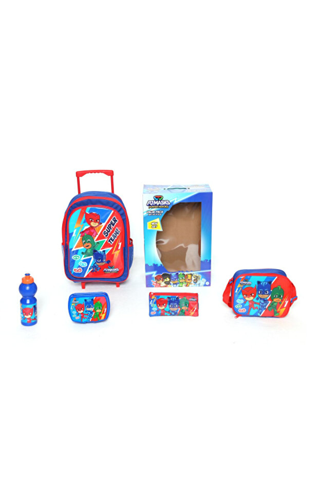 مجموعة حقيبة ظهر بعجلات بمقبض تلسكوبي وسحاب مطبوع عليها PJ Masks، مكونة من 5 قطع