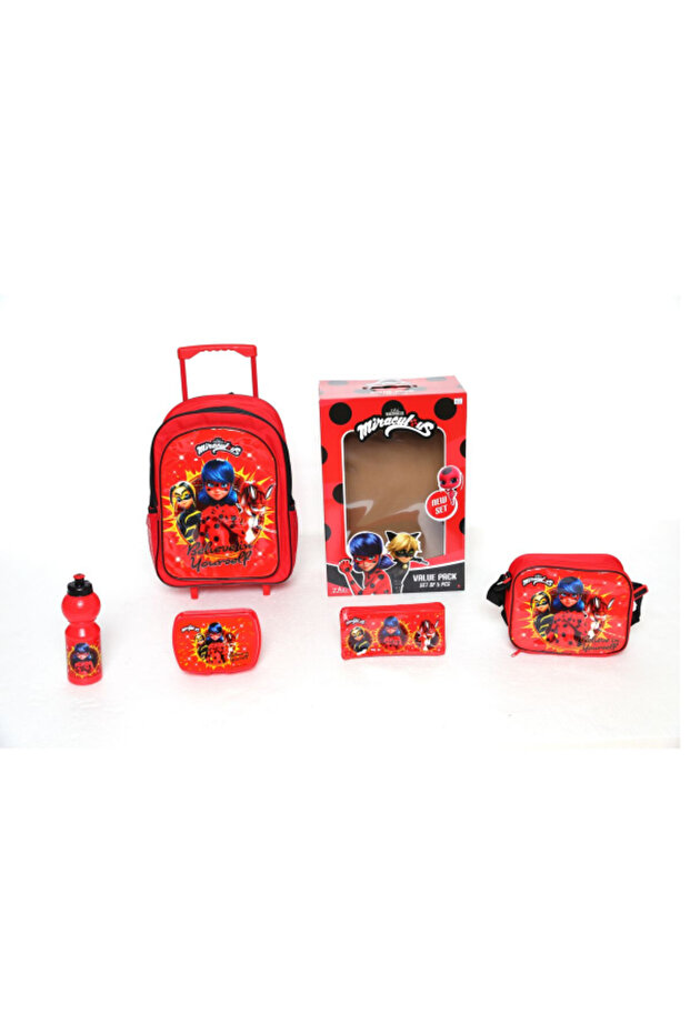 5-Piece Miraculous Printed Zipper Closure Telescopic Handle Trolley Backpack Set