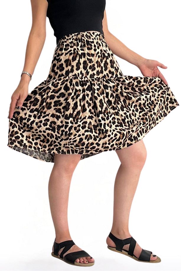 VİSKON KUMAŞ LEOPAR DESENLİ KADIN MİDİ BOY ŞORT ETEK - 4