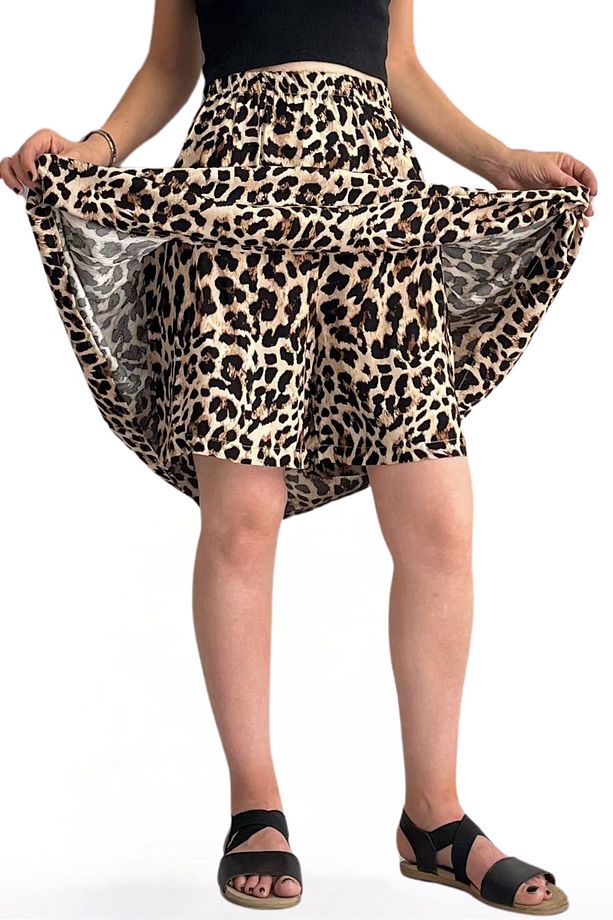 VİSKON KUMAŞ LEOPAR DESENLİ KADIN MİDİ BOY ŞORT ETEK - 2
