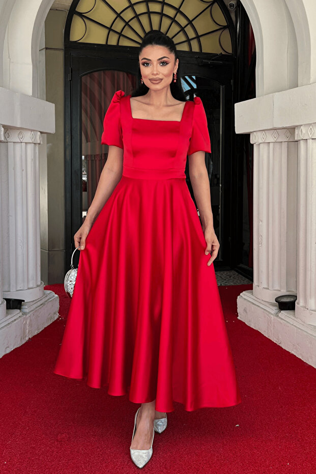 Satin Fabric Square Neck Balloon Sleeve Midi Dress - Red