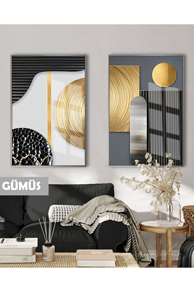 Amazing | (Bohem) Black&Gold Set Abstract Combination | Framed Glass Table 2 Pieces Vertical