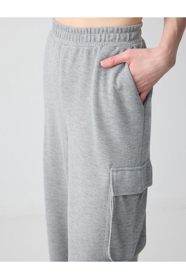 Gümüş Yüksek Bel Bol Paça Simli Örme Pantolon - 5