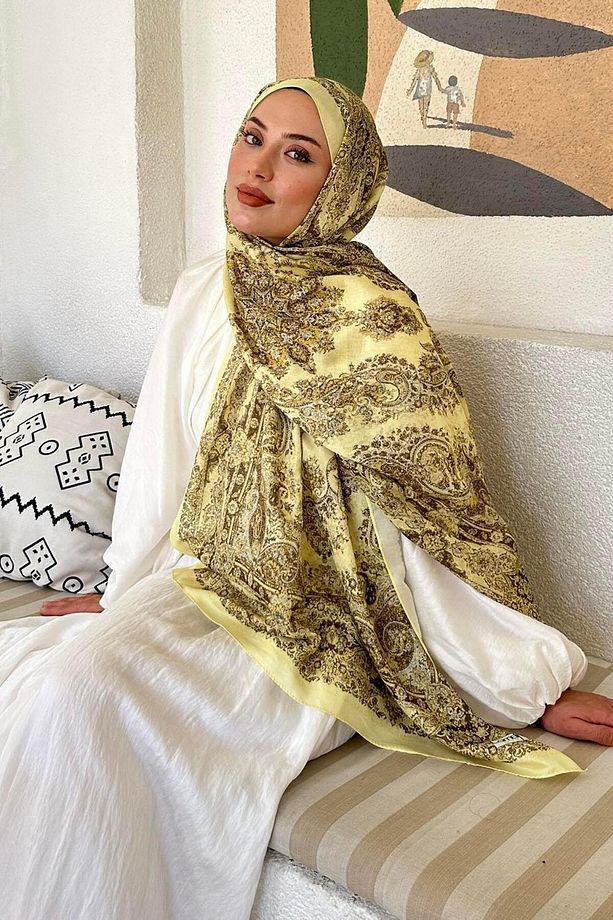 Retro Desen Soft Şal Sarı - 3