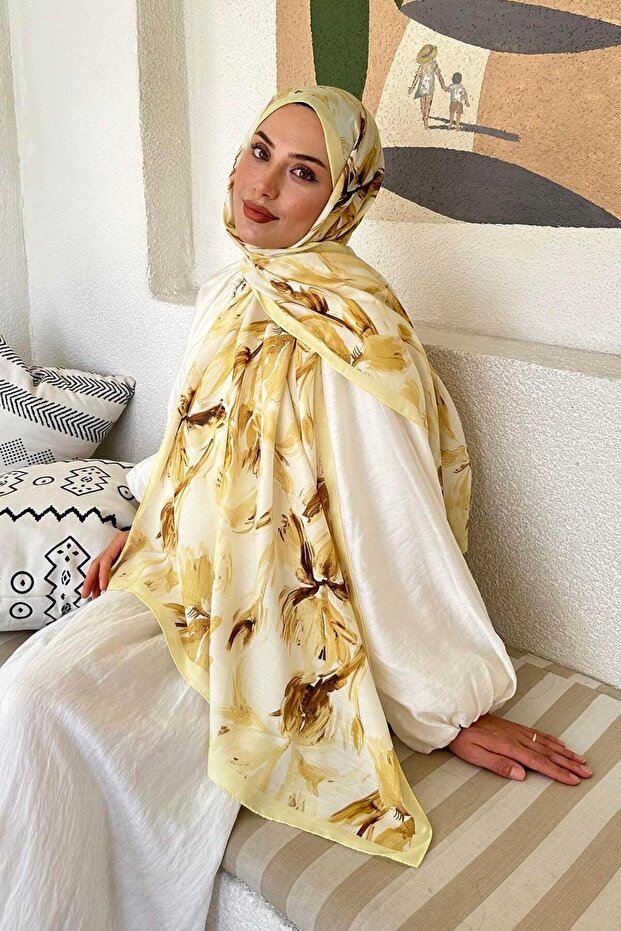 Çiçek Desen Soft Şal Sarı - 2