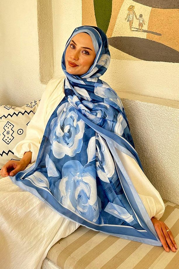 Çiçek Desen Pamuk Şal Bebe Mavisi - 2