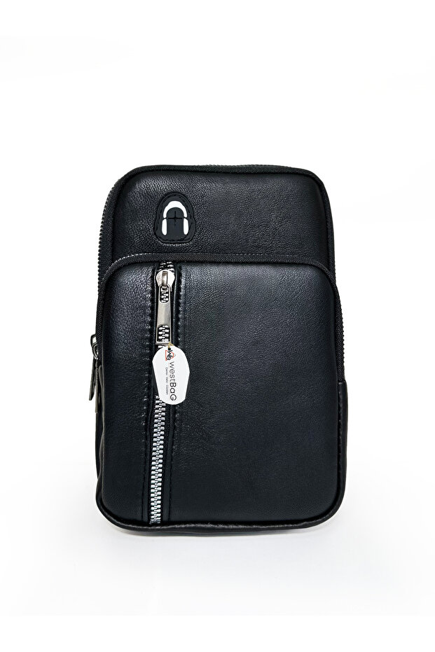 Black Genuine Leather Crossbody Shoulder Bag Bodybag with Phone Compartment & Headphone Output