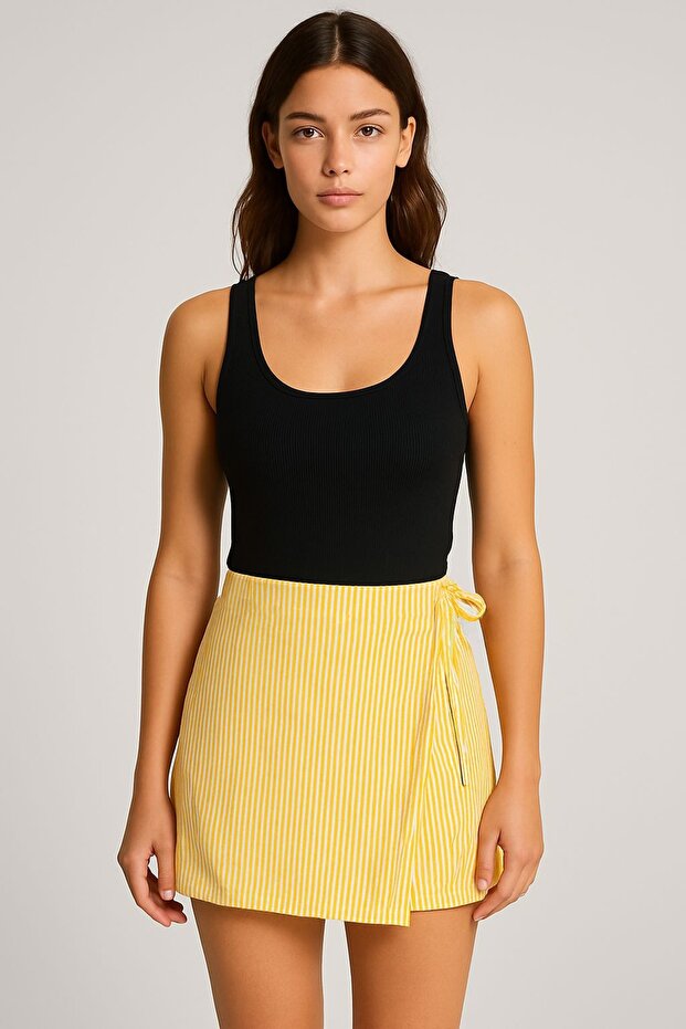 Striped Waist Rope Detailed Pleated Short Skirt