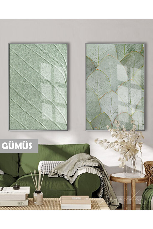 Amazing | Green Color Abstract-Eucalyptus Modern Combination | Framed Glass Table 2 Pieces Vertical