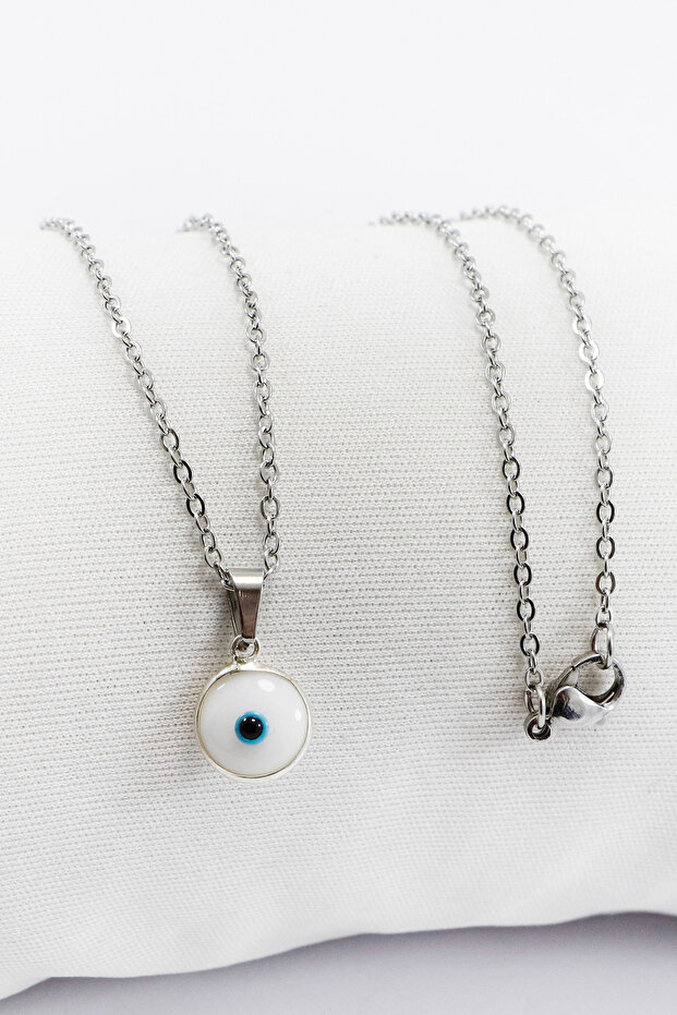Framed White Evil Eye Beaded Bijoux Necklace (Steel Chain 60 cm), Silver Color