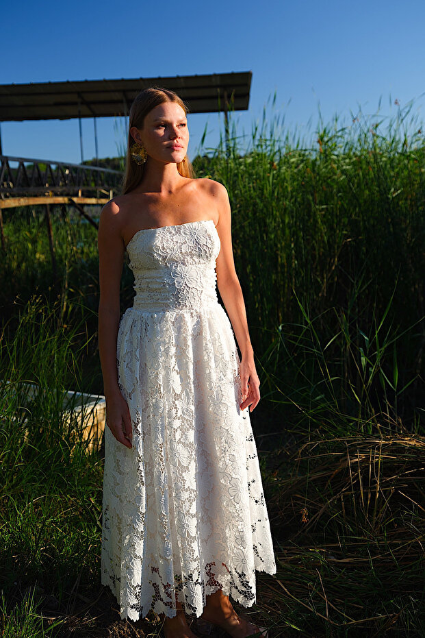 Lunella Women's Midi White Brode Lace Strapless Dress
