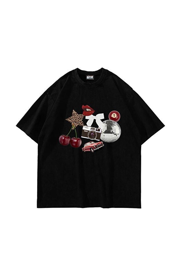 Cherry & Disco Vibes Printed Oversize Unisex Black Tshirt