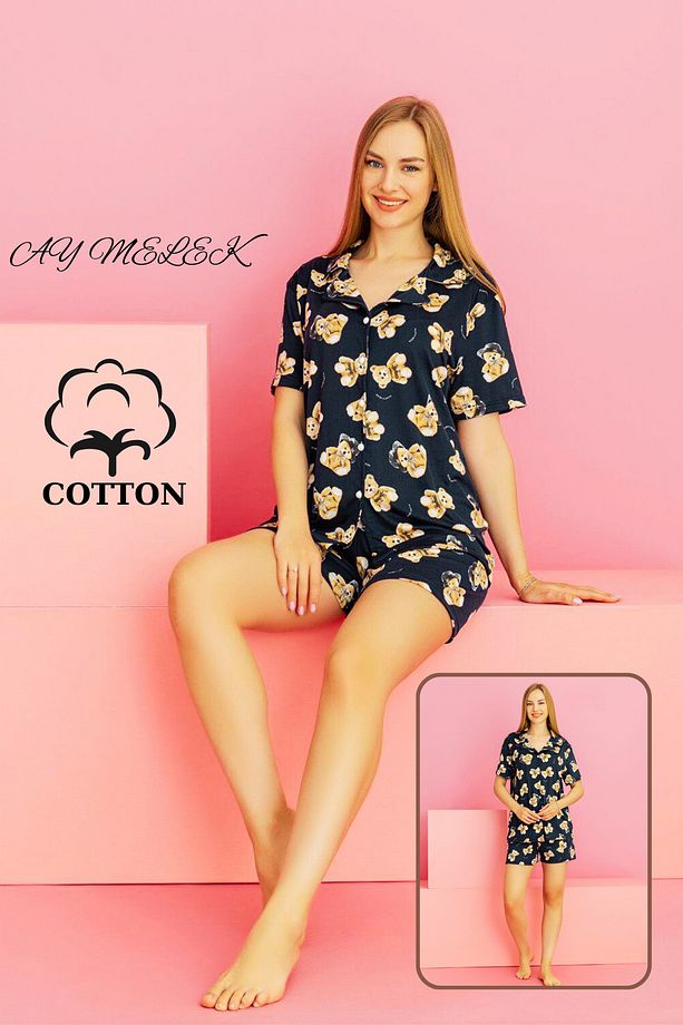 Kadın Pijama Takımı %100 Pamuklu Şort ve Pijama Seti - 6