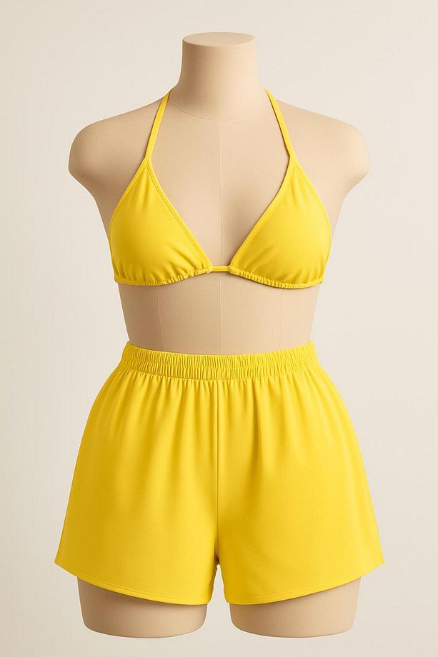 Kadın 2li Mavi Ve Sarı Yandan Ve Boyundan Şort Bağlamalı Tangalı Üçgen Bikini Gecelik Deniz Takımı - 3