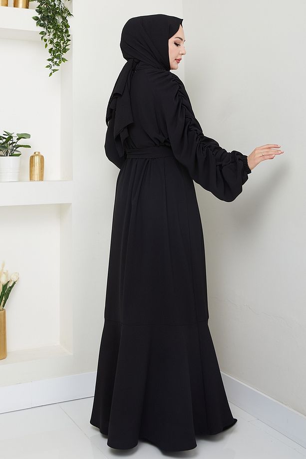 Krep Lastikli Siyah Elbise - 5