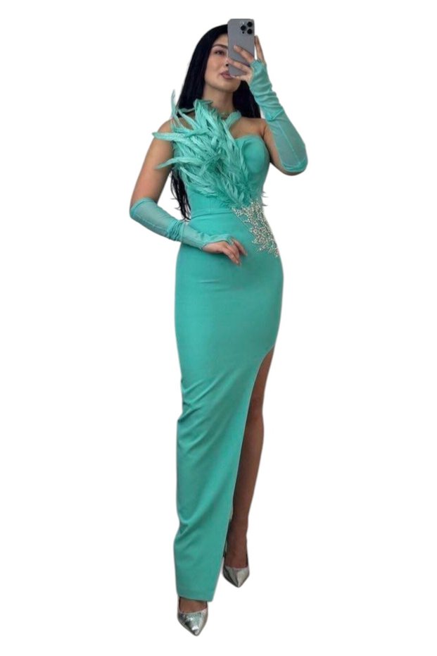 Rochie turcoaz cu pene