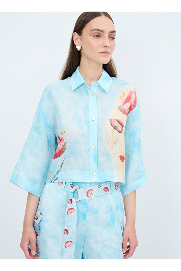Desenli Keten Gömlek - 1